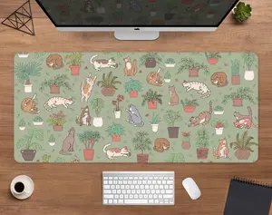 Plants and cats Desk Mat green MouseMat cute, boho leaves nature pattern neutral brown beige design, xl large gaming deskmat small mouse Mat