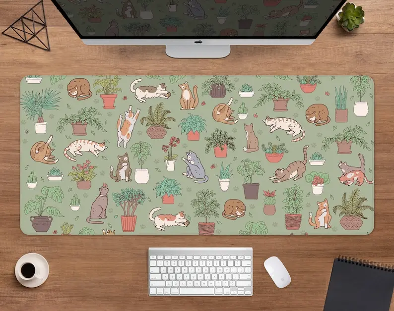 Plants and cats Desk Mat green MouseMat cute, boho leaves nature pattern neutral brown beige design, xl large gaming deskmat small mouse Mat