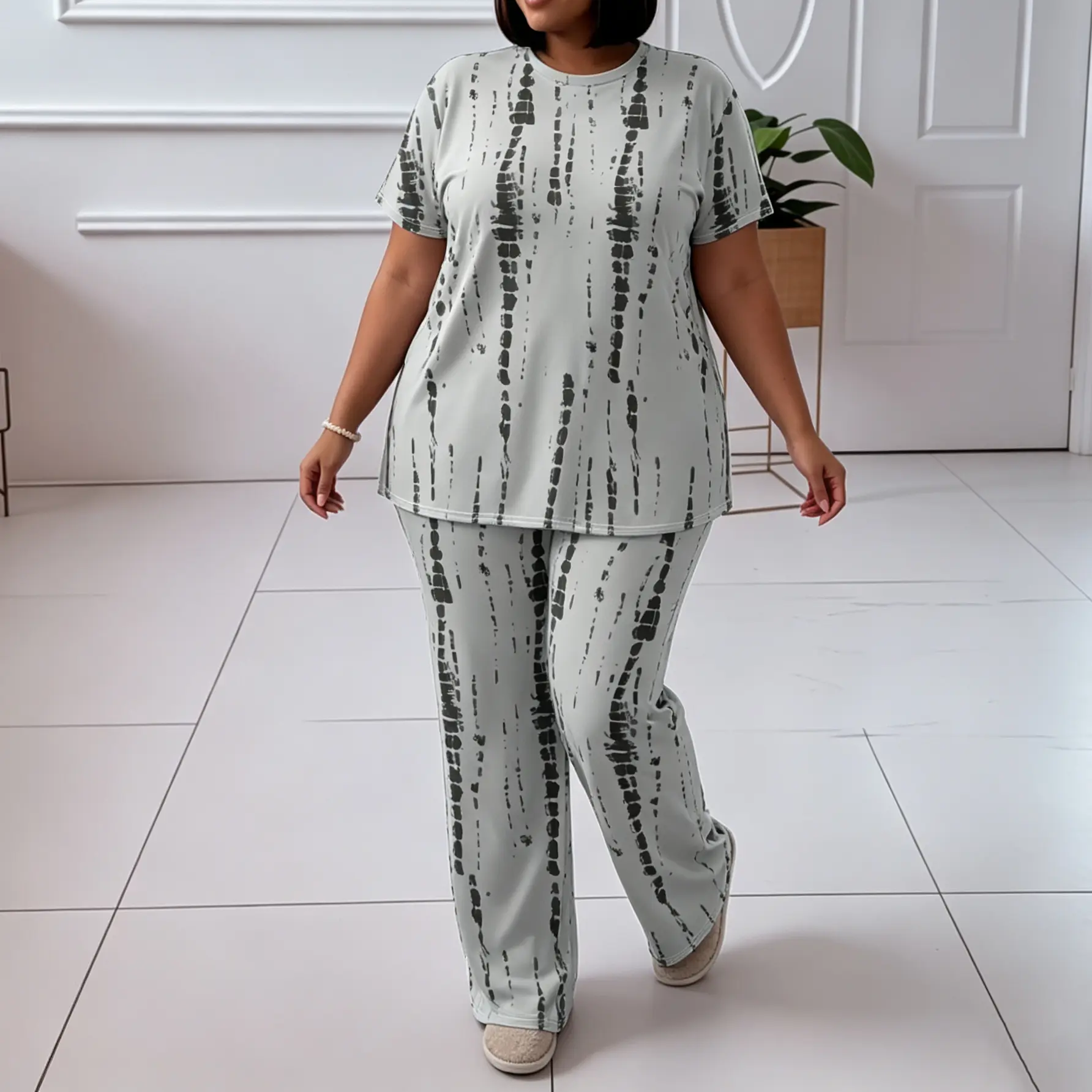 Plus Size 2 Piece Sets, Casual Tie Dye Style Home Outfits for Women with Shortsleeve Tunic Top and Pants Bottom, Casual Fashion Set, Everyday Basics, Relaxed Fit Style, Women's Casual 2 Piece Sets, Matching Outfit Loungewear Pajamas