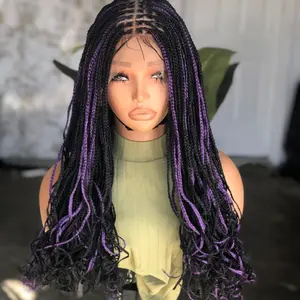 Full Lace 20/22 Inches Curly Tiny Knotless Braids Wig Ready to Ship Very Beautiful Wig with Purple Highlights
