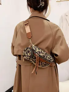 Leopard Print Sling, Crossbody Bag, Personalized Leather Travel Festival Bag Chain Waist Bag With Coin Purse