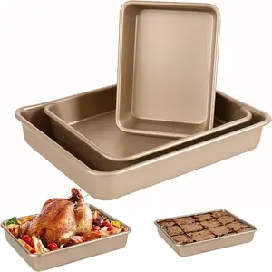 Deep Baking Pans Set, 3-Pieces Rectangle Cake Pan, Nonstick Roasting Pans Set for Thanksgiving Christmas, 9/11/13 Inch, Toaster Oven Tray Bakeware Set, Lasagna Pan Deep Size, Heavy Duty, Gold
