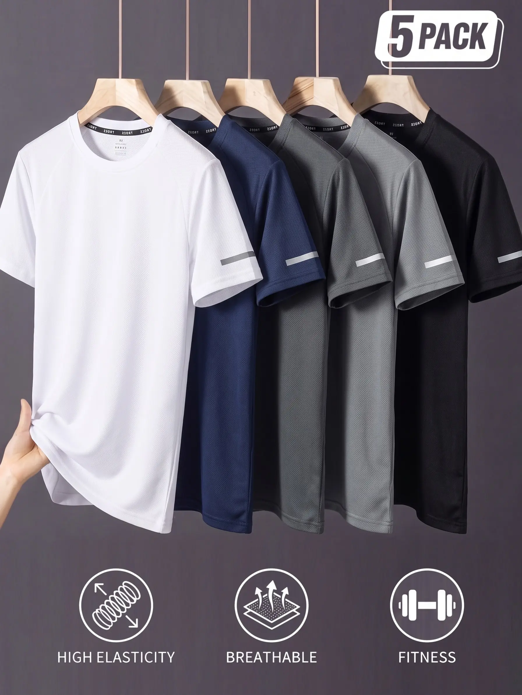Men’s quick-dry sports T-shirt set (pack of 5), breathable mesh fabric, stretchy crew neck, short-sleeve fitness set, great value combo