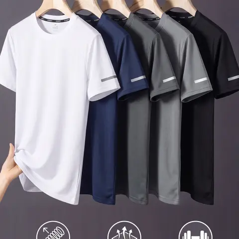 Men’s 5-Pack Quick-Dry Activewear Gym T-Shirts Set, Breathable Mesh Fabric, Stretchy Crew Neck, Short-Sleeve Athletic Tops, Reflective Cuff, High-Value Athletic Wear Combo