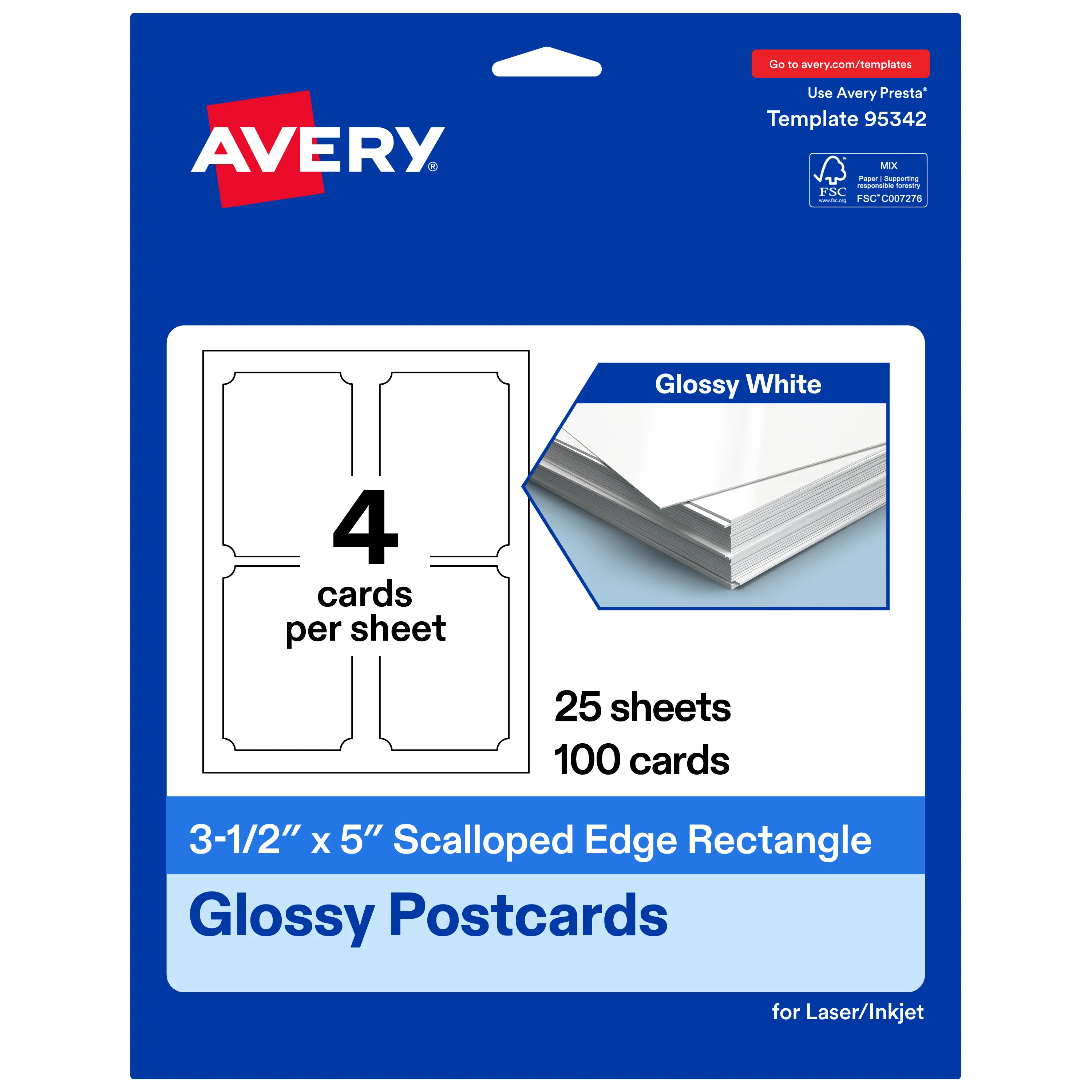 Avery Glossy White Postcards, 3-1/2" x 5" Rectangle Scalloped Edge