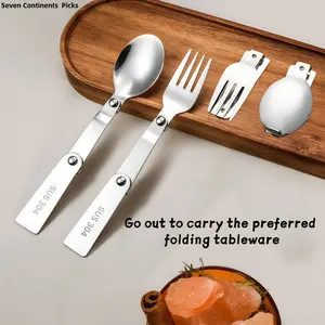 Camping 304 Stainless Steel Three-Fold Handle Fork Spoon Set, Handy Set Utensils, Stainless Steel Cutlery, Compact and Portable, Ideal for Outdoor, Office, School, Travel