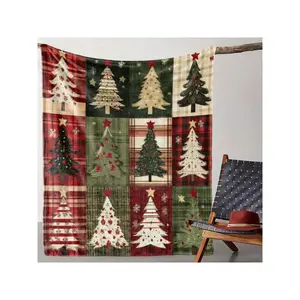 1Couont Vintage Tree Plaid Throw Blanket - Soft Knitted, Green/Red/Beige Tartan With Cedar Pine Trees & Plaid Patterns, 280gsm All-Season Cozy Bedspread Sofa, Bed, Camping, Travel - Holiday (Green/Red, Birthday Mother's Day Size 70x140cm/27. 56x55. 12 In