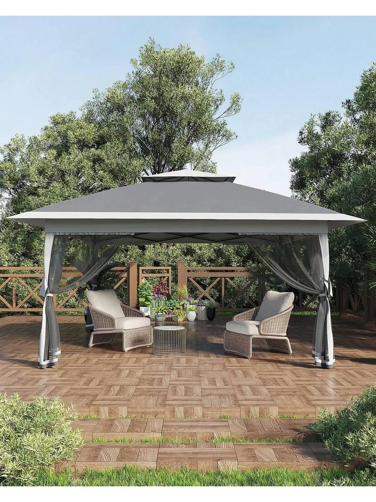 Gaomon 12x12 Adjustable Outdoor Canopy Shelter - Portable Instant Canopy, Push Button Setup, Open Sides, Mosquito Netting, 4 Sand Bags, Gray Outdoor Furniture Accessory for Backyard, Patio, Adjustable Canopy