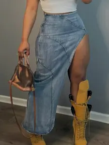 Women's Zipper Asymmetrical Hem Denim Skirt, Casual High Waist Split Thigh Bodycon Skirt for Daily Outdoor Wear, Ladies Summer Bottoms