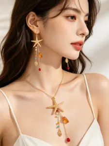Gold Starfish Ocean Jewelry Set Tassel Necklace & Long Earrings 2-Piece with Faux Crystal and Cowrie Shell Charms Bohemian Summer Beach Accessories for Women