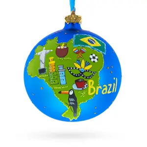 Brazil Map and Symbols Glass Ball Christmas Ornament 4 Inches