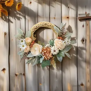 Vintage Autumn Floral Wreath, Rattan Material with Artificial Roses, Daisies, Pumpkins, Perfect for Front Door, Living Room Decor, Thanksgiving Theme