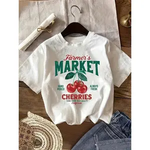 Vintage Farmers Market Cherries Graphic Tee Cute Fruit Print Crewneck Short Sleeve Casual Summer Streetwear Soft Comfy Everyday Outfit
