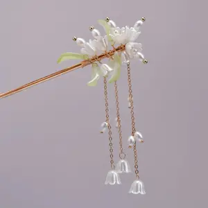 BLING EMPIRE Single Prong Lily of the Valley Hair Pin, Women's Hair Accessory with Pearl and Bell Charms, Elegant Wedding Hairstyle Piece, Accessories for Women