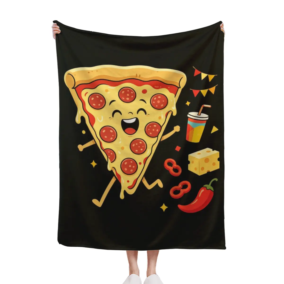 Dancing Pepperoni Pizza Slice Cartoon Throw Blanket Funny Kawaii Fast Food Character Warm Decor Blanket