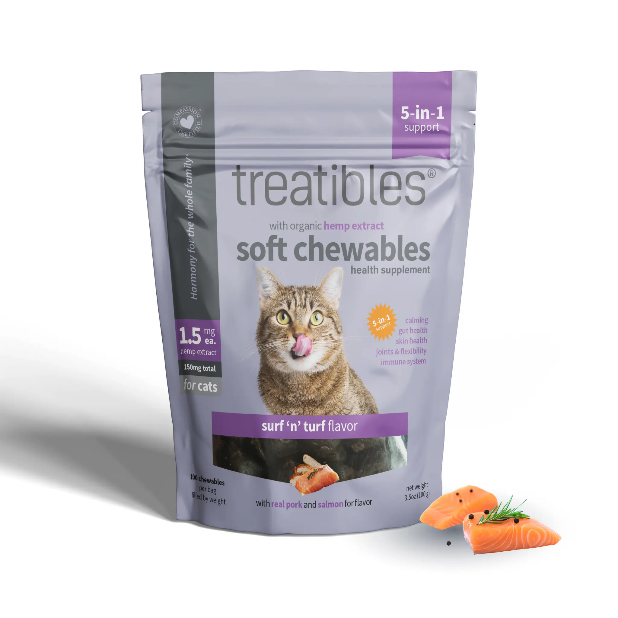 Treatibles Feline Surf & Turf Flavored Soft Chewable Calming Supplement for Cats, 1.5-mg, 100 count