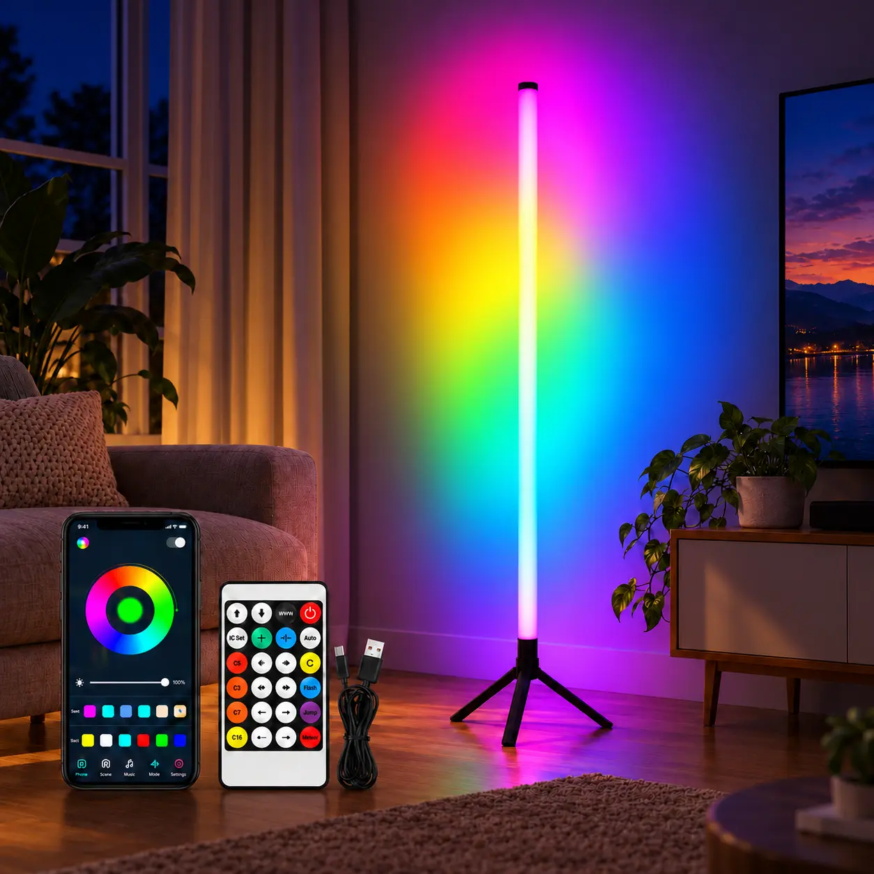 RGBIC Music Sync Corner Floor Light, Color Changing LED Atmosphere Lamp with App & Remote Control, Adjustable Brightness, Dynamic Effects and Timer for Gaming, Party, Bedroom & Living Room