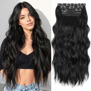 [JJJ HAIR] Clip Hair Extensions 24inch Long Wave Synthetic Hairpiece 4ps Double Weft Natural Hair Extension for Women Daily Use