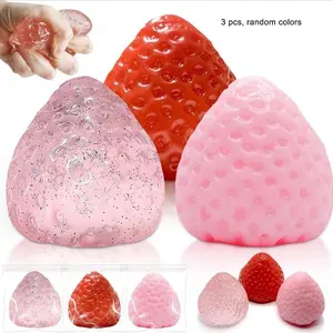 3 Pack Strawberry Squishy Toys, Cute Fruit Squeeze Stress Balls, Upgraded Sticky Slow Rise Sensory Fidget Toy, Clear Finger Tip Toy for Anxiety Relief, Valentine’s Thanksgiving Birthday Gift