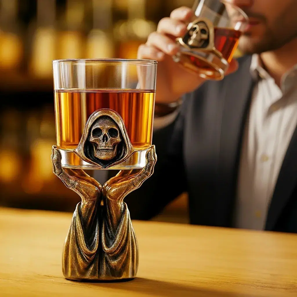 Grim Reaper Whiskey Holder Set, Skull Design, Novelty Barware with Glass Holders, Gothic Style Halloween Decoration for Home Bars & Whiskey Lovers