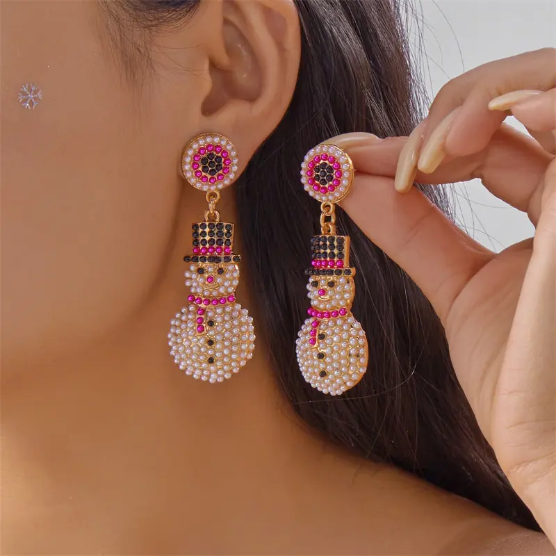 Christmas Full Imitation Pearl Snowman Dangle Earrings For Women Creative Colorful Candy House Elk Santa Claus Earring Jewelry