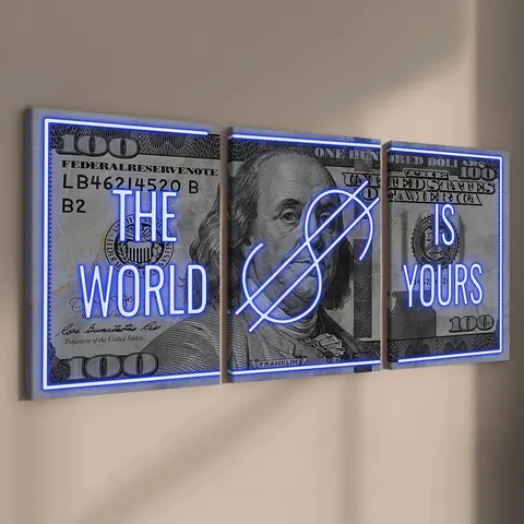 3 count wooden frame canvas print, neon money World by you poster, exquisite mural, stylish bedroom decoration, modern home decoration, living room and hallway wall decoration, HD, waterproof, art, Modern Minimalist Design, Framed Home Decor
