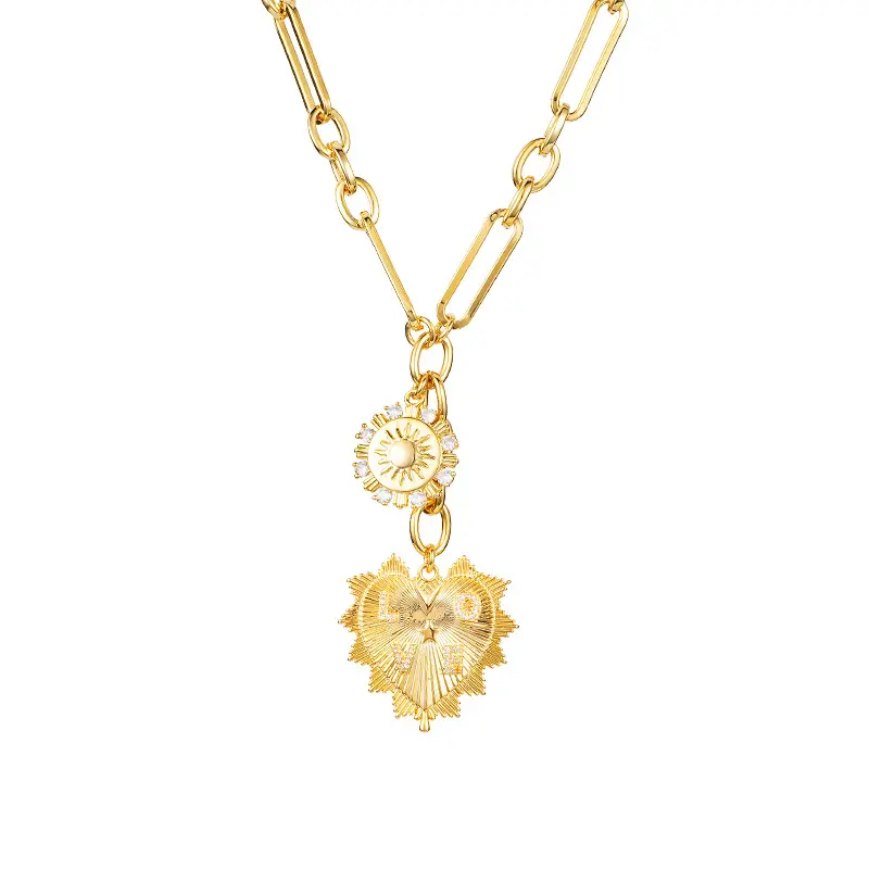 Women's Gold Necklace Sunburst Heart Medallion Pendant , Paperclip Chain, Meaningful Sun Charm Statement Jewelry Accessory