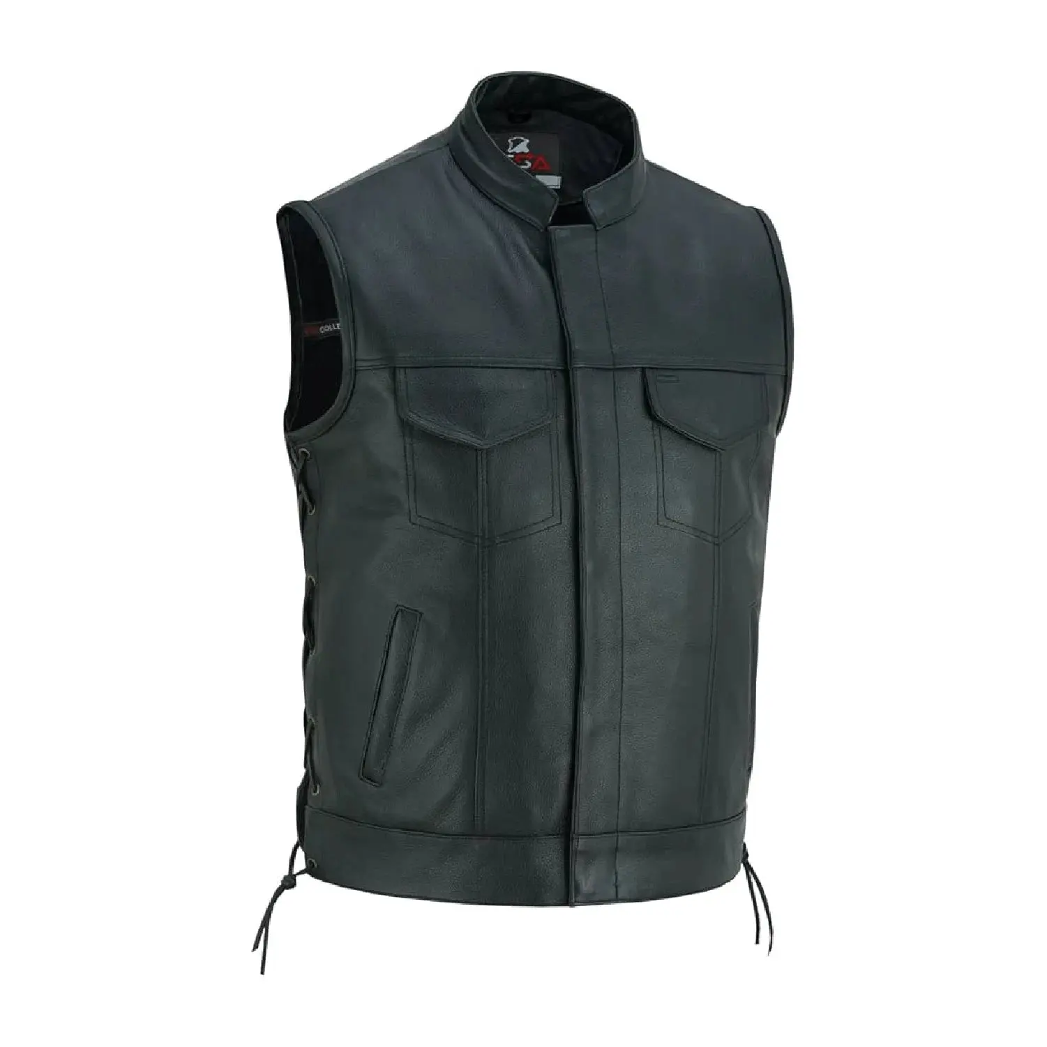 Men’s Black Leather Motorcycle Vest with Collar – Cowhide Biker Vest with Side Laces, Concealed Carry Pockets & Adjustable Fit