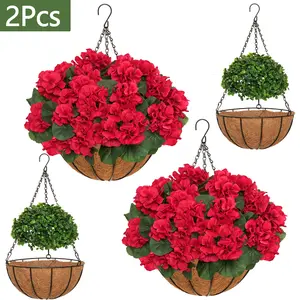 2 Set Artificial Geraniums for Outdoors with Hanging Baskets, 12 Bundles UV Resistant Artificial Outdoor Plants, Fake Red Flowers for Spring Front Porch Home Patio Balcony Yard Decor
