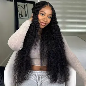 Gabrielle Hair 100% Unprocessed Brazilian Virgin Human Hair Jerry Curly Wave 13X4 Lace Frontal Wig With Full Edges & Baby Hair  Natural Black Deep Kinky Curly Wig For Women Wet And Wavy Natural Look  Textured Hairline Wig #SummerVibes