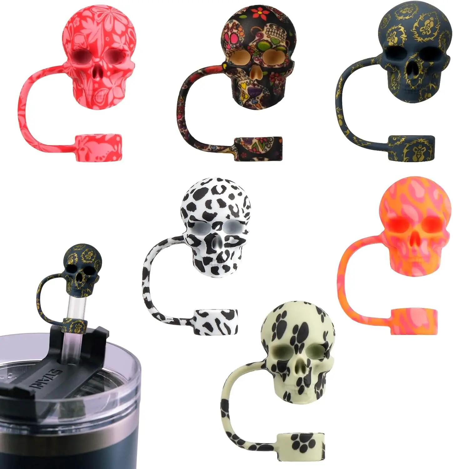 6 count 10mm/0.4in  Straw Toppers - Cool Skull Shape Straws Tumbler Accessories for Man & Woman - &Dust-proof Straw Covers Cap Compatible with  Cup 30 40oz with Handle