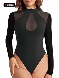 1 Count Women's High Neck, Long Sleeve Sheer Mesh Bodysuit, Shaper Bodysuit, Comfortable, Skin-Friendly, Versatile, Defines Curves, Sheer Mesh Panels & Keyhole Cutout Design, Suitable For Everyday Wear, Date Night, Work & Social Gatherings