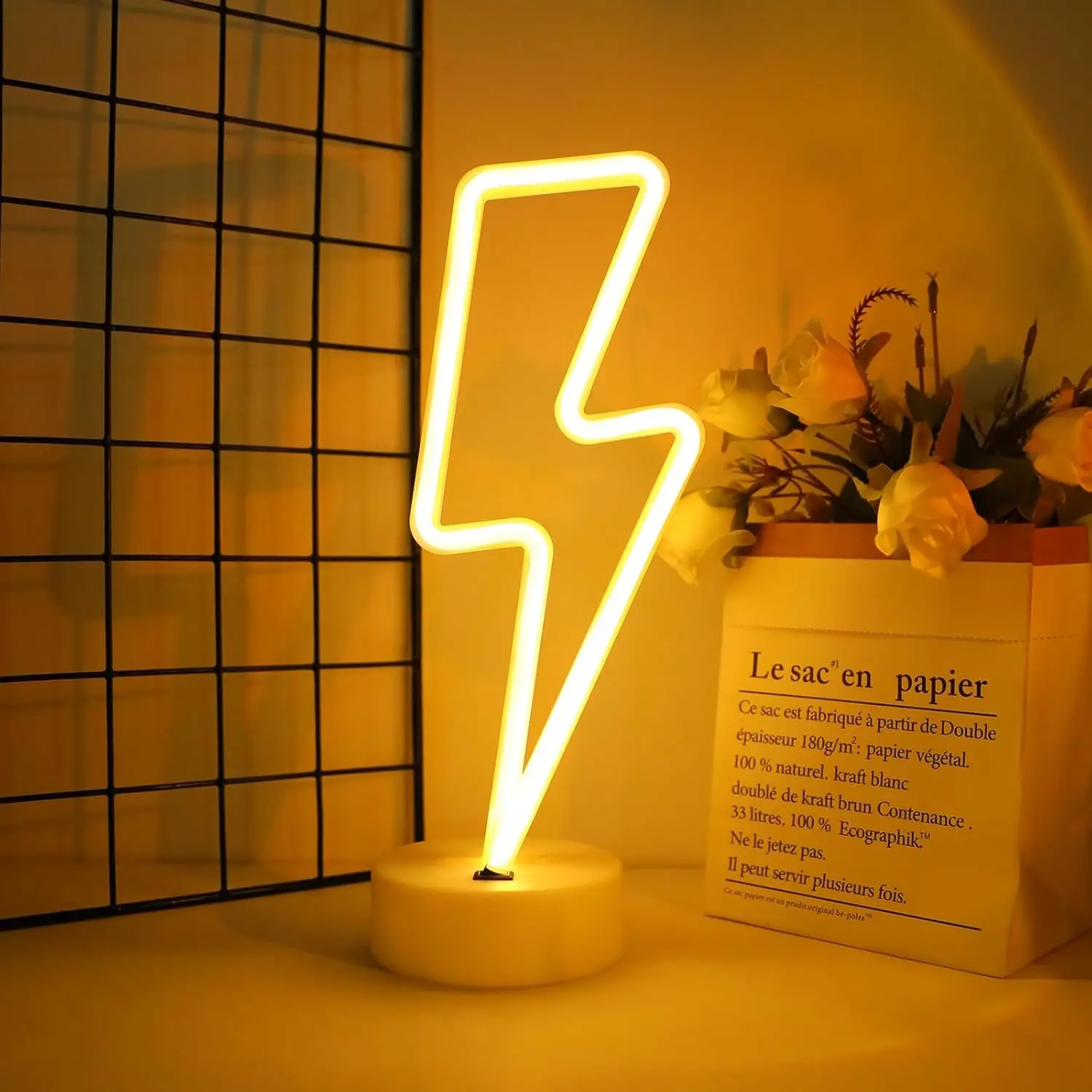 Lightning-Shaped LED Neon Decor - Cableless, Custom-Shaped, Illuminated Light Sign, Battery/USB Powered Warm White Art Piece for Living Room, Office Indoor Decoration, Cableless Light Signs, Custom-Shaped Light Signs