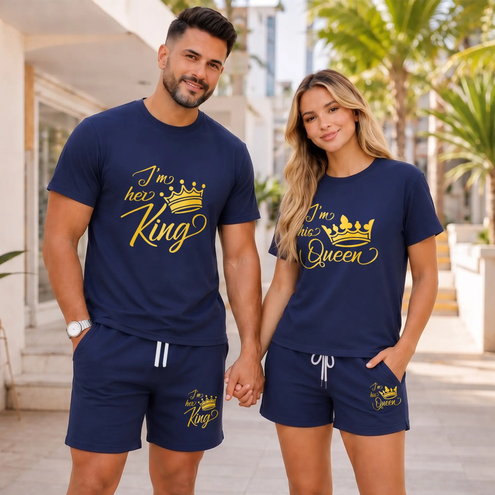 Couples’ Romantic King Queen Graphic T-Shirt and Shorts Set, Casual Summer Two-Piece Outfit with Drawstring Shorts for Home and Outdoor Activities