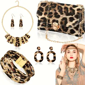 7/ pcs set Bohemian style leopard print jewelry sets - plastic fashion accessories including necklaces, earrings, bracelets, and handbags - suitable for daily and vacation wear，mom christmas gifts