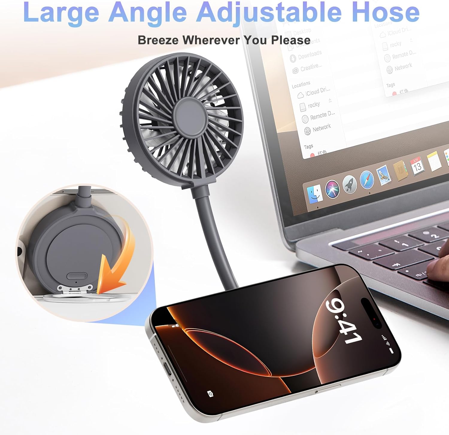 Magnetic Portable Phone Fan, 3 Speed Adjustments, with 2-in-1 Finger Ring for Support and Hanging, USB Mini Handheld Rechargeable Fan for iPhone 16/15/14/13/12Pro Max Series