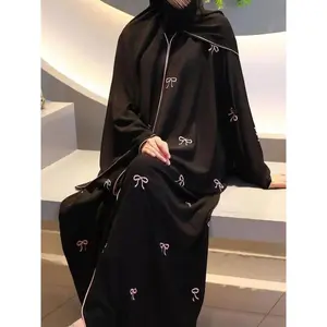 Muslim women Dubai luxury bow embroidered long skirt kimono cardigan
