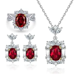 A set of 3 pieces of 925 sterling silver jewelry with large artificial rubies: fashionable ruby pendant necklace, zircon earrings, and high-carbon diamond ring.Suitable for holiday, ball, and party wear.A gift for couples and Mother's Day