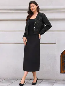 INSPIRE CHIC Women's Tweed Jacket Long Sleeve Button Down Collarless Business Casual Blazer Fall Trendy Cropped Jackets