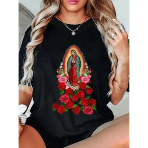 Women's Mary Catholic Religious T Shirt with Red Roses Greenery Casual Christian Apparel for Daily Wear Special Events Machine Washable Faith Inspired Spiritual Clothing Vibrant Print Comfortable Fabric