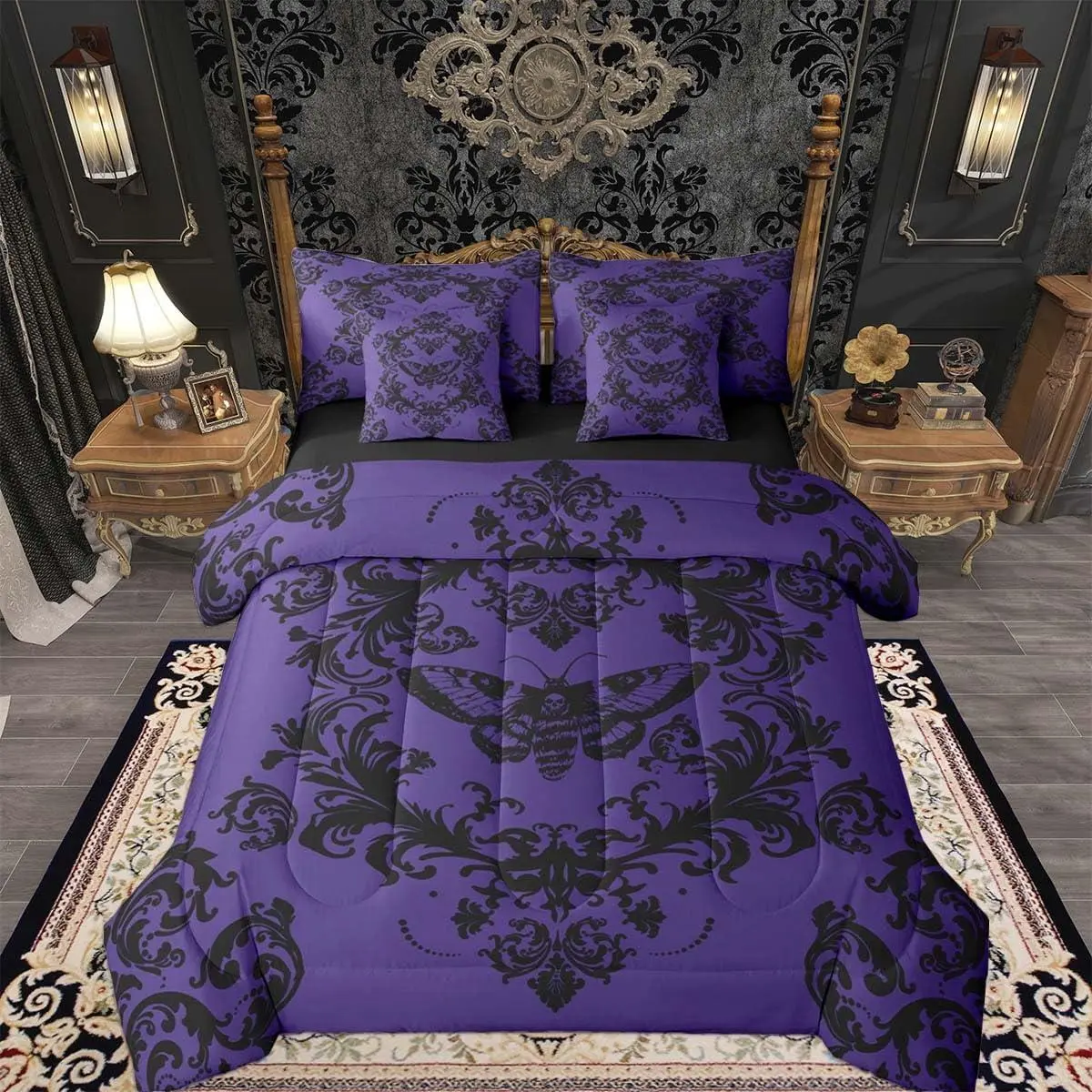Adults Purple Vintage Damask Floral Comforter Set with Sheets for Kids Boys Girls Oriental Antique 7 Pieces Bedding Set Gothic Death Moth Skull Bed in a Bag Room Decor Soft Microfiber