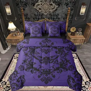 Adults Purple Vintage Damask Floral Comforter Set with Sheets for Kids Boys Girls Oriental Antique 7 Pieces Bedding Set Gothic Death Moth Skull Bed in a Bag Room Decor Soft Microfiber