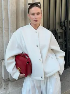 Women's Winter Coat Cream Color Slim Fit Bomber Jacket Button Ribbed Collar Casual Streetwear Minimalist Layered Outerwear Casual Comfy Jacket