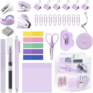 Mini Office  Kit, Mini Stapler with Staples and Tape Dispenser Set, Mini Stationary Kit Includes Sticky Notes Index Tabs Highlighters Gel Pens for Office & School Supplies (Purple)