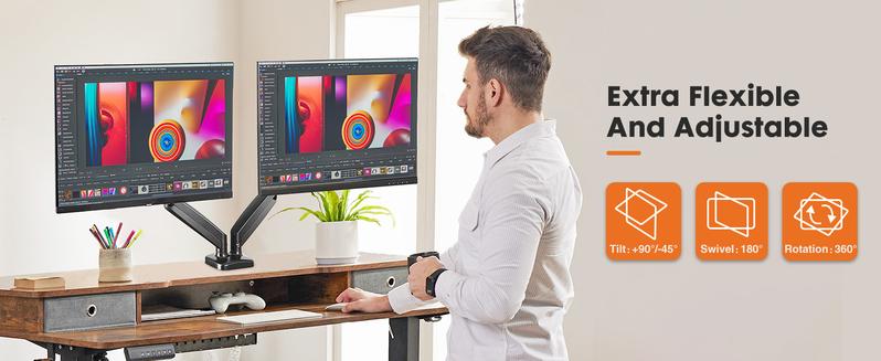 Monitor Stand - Adjustable Desk Mount Arm for 15-27 Inch Monitors, Supports 17.6lbs, Heavy Duty Gas Spring, VESA Bracket Compatible, 75/100 Compatible