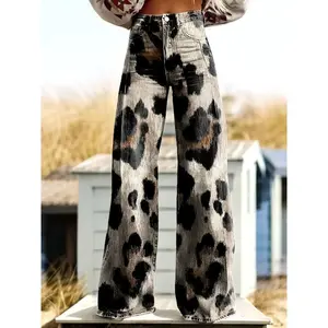 European And American Cow Pattern 3D Printed Women's Pants Are Fashionable And Comfortable, with Denim Like Printed Fabric That Is Wear-resistant And Textured, Suitable for All Seasons, Suitable for Both Home And Outdoor Activities