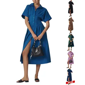 Yeokou Women's Button-Down Shirt Dress - Short-Sleeve, Loose, Pleated Maxi Sundress with Pockets, Basic Casual Wear for Summer, Women's Clothes,summerwins