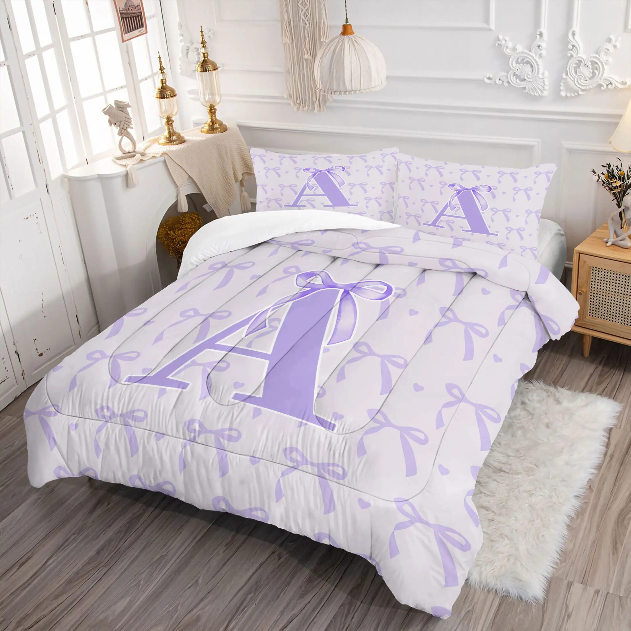 2/3Pcs Coquette Aesthetic Lavender Bow Initial A-Z Comforter Set, Purple Bow Knot Heart Print Quilt Bedding Set with Pillowcases, Soft Girly Bedding for Teen Girls Kids Bedroom, Sweet Princess Style Home Decor Gift