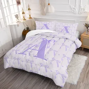 2/3Pcs Coquette Aesthetic Lavender Bow Initial A-Z Comforter Set, Purple Bow Knot Heart Print Quilt Bedding Set with Pillowcases, Soft Girly Bedding for Teen Girls Kids Bedroom, Sweet Princess Style Home Decor Gift
