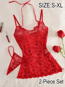 Women's Sexy Floral Lace Sleepwear Set, Sheer Sleeveless Nightgown & Thong Underwear, Comfortable All-Season Lingerie S-Xl